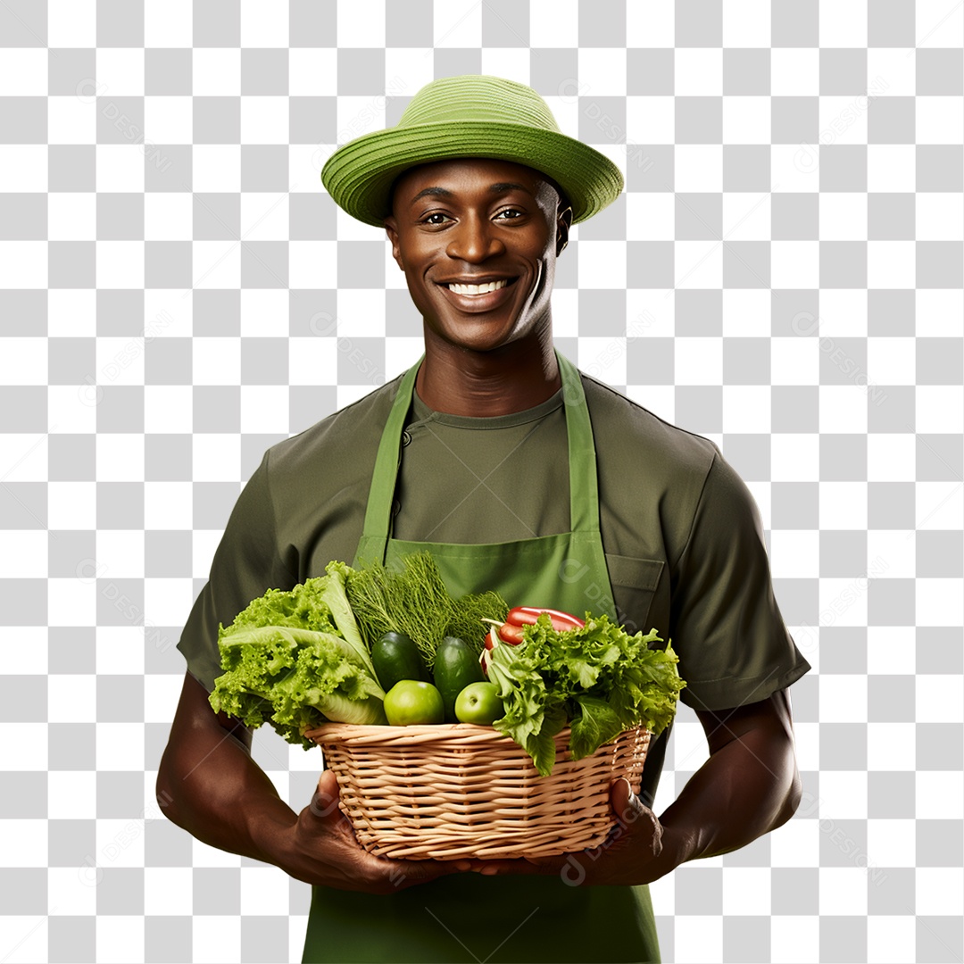 Homem Segurando Cesta com Verduras Legumes e Frutas PNG Transparente