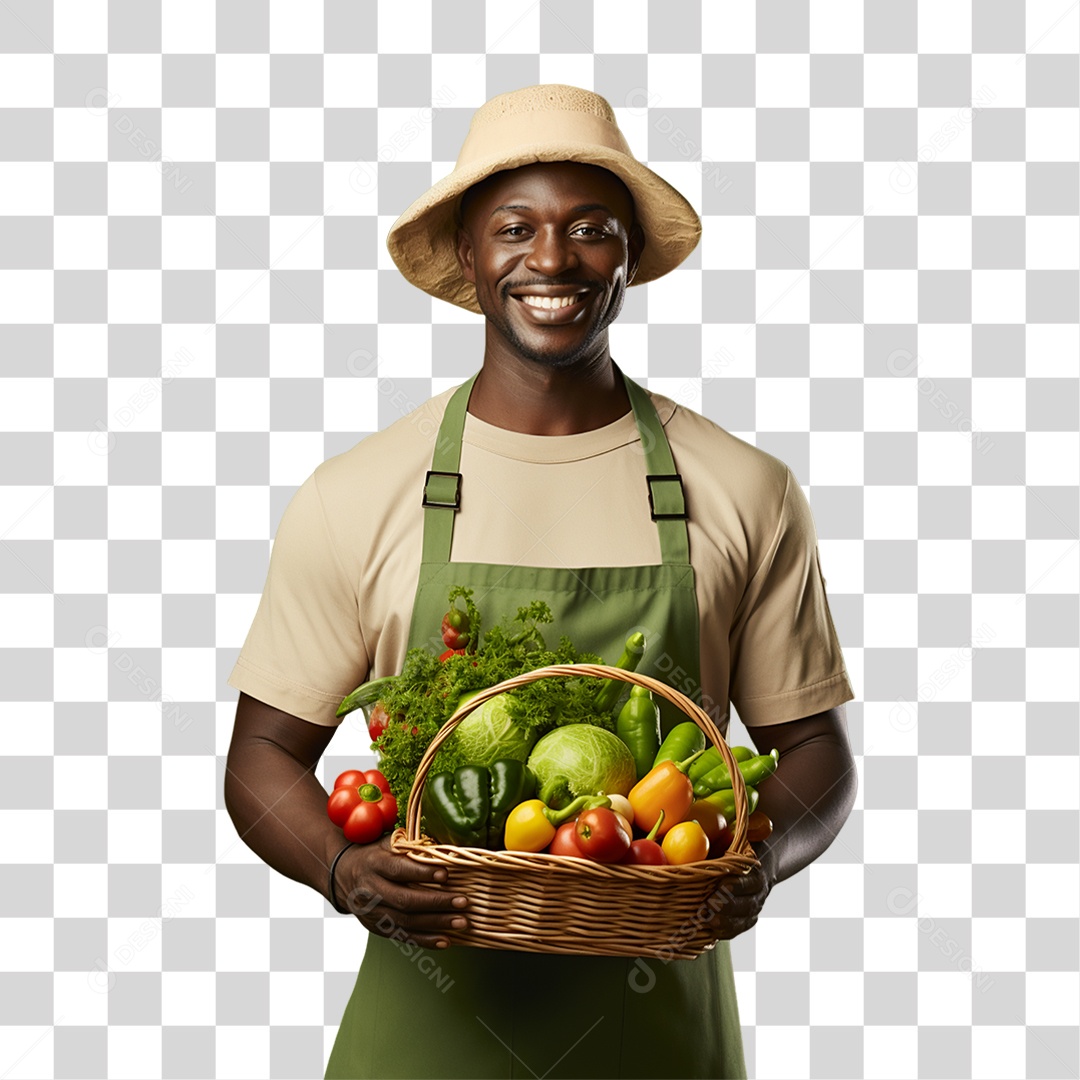 Homem Segurando Cesta com Verduras Legumes e Frutas PNG Transparente