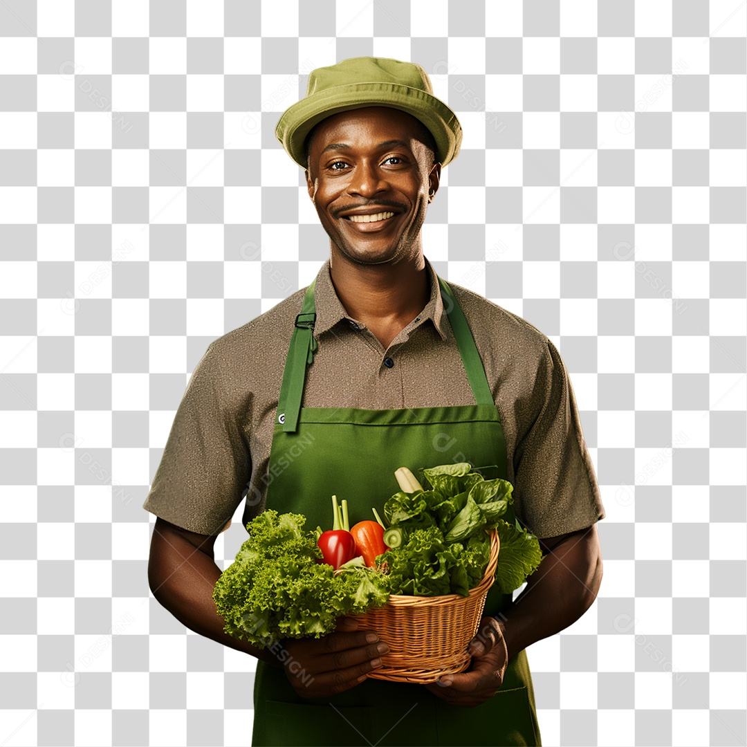 Homem Segurando Cesta com Verduras Legumes e Frutas PNG Transparente