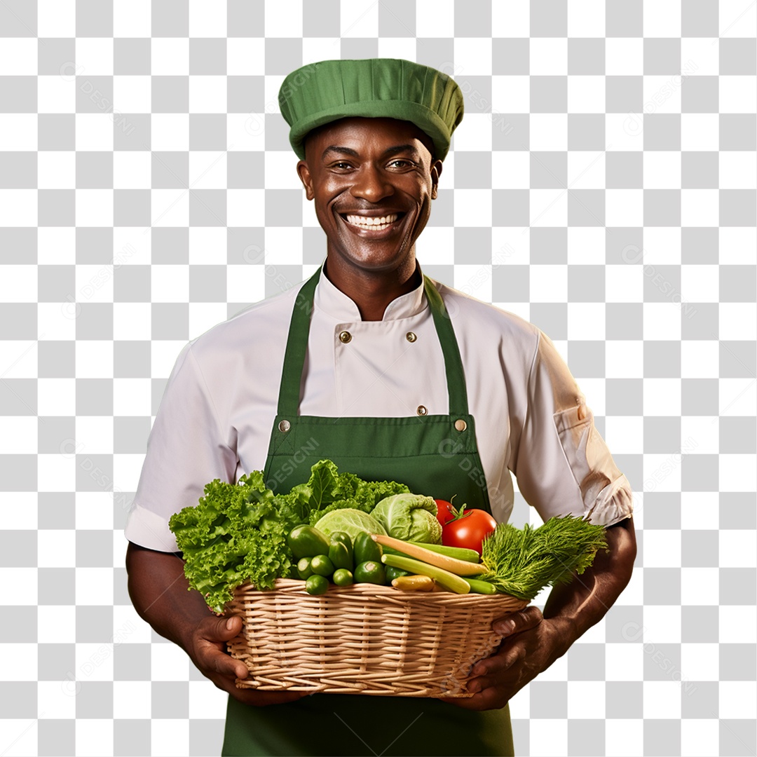 Homem Segurando Cesta com Verduras Legumes e Frutas PNG Transparente