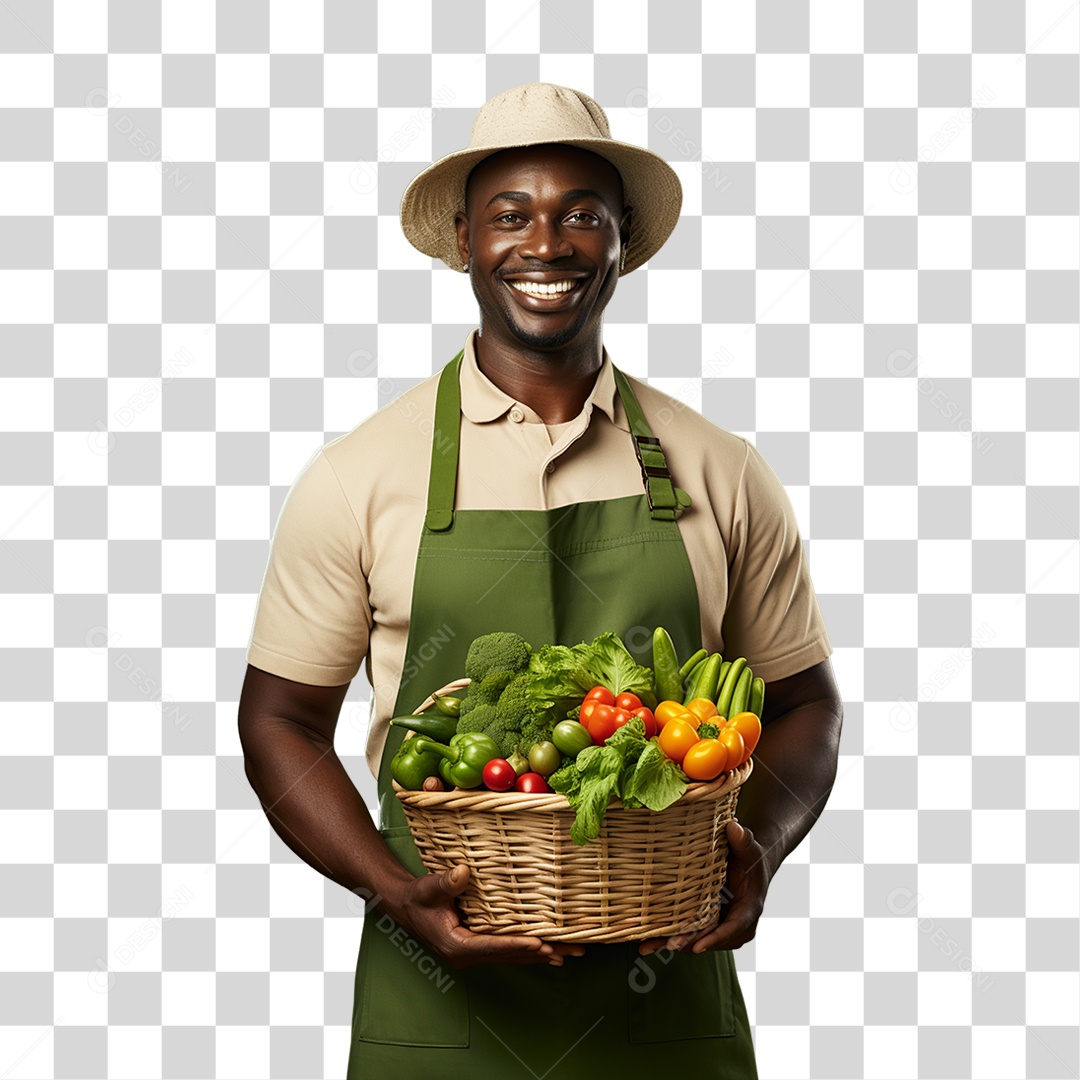 Homem Segurando Cesta com Verduras Legumes e Frutas PNG Transparente