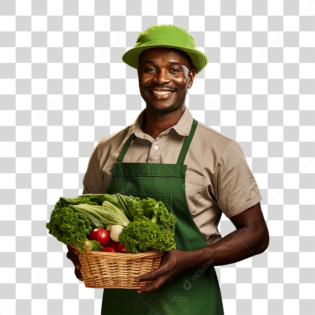 Homem Segurando Cesta com Verduras Legumes e Frutas PNG Transparente