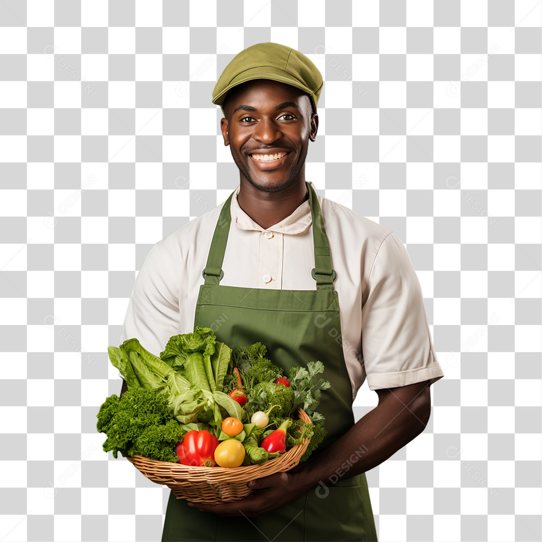 Homem Segurando Cesta com Verduras Legumes e Frutas PNG Transparente