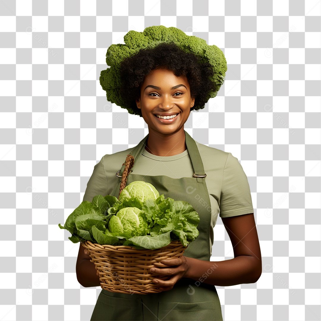 Mulher Segurando Cesta com Verduras Legumes e Frutas PNG Transparente