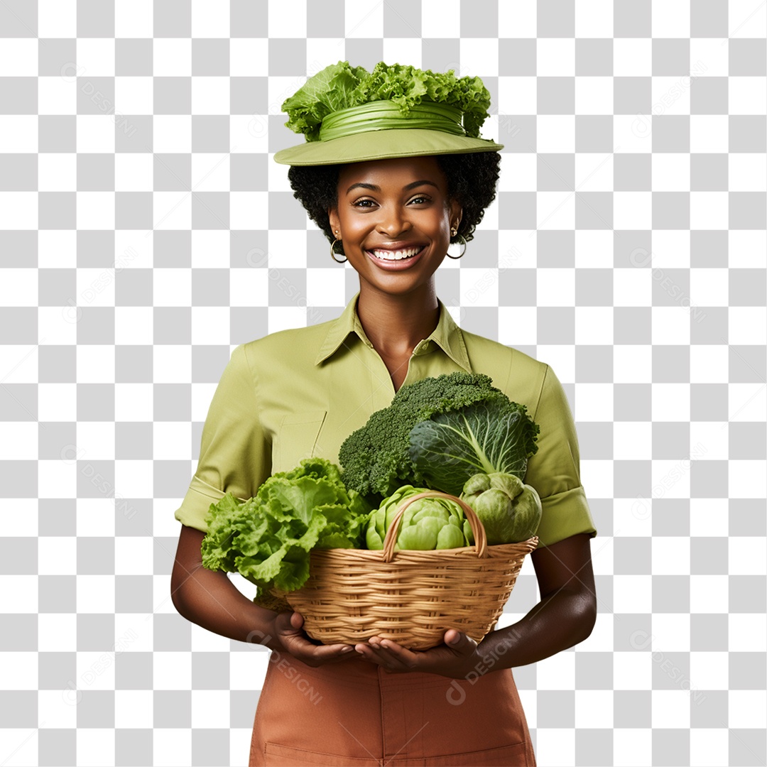 Mulher Segurando Cesta com Verduras Legumes e Frutas PNG Transparente