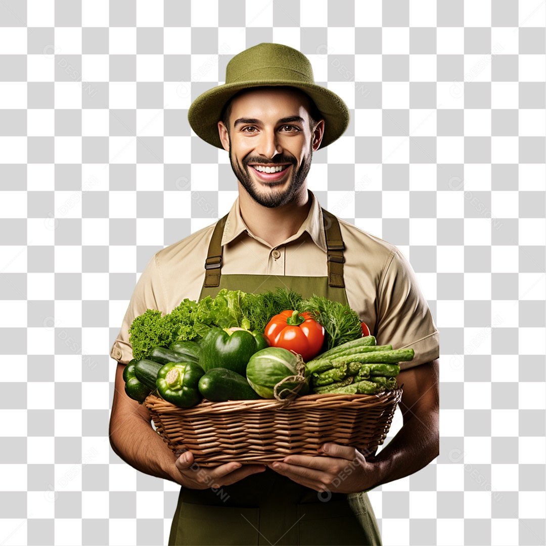 Homem Segurando Cesta com Verduras Legumes e Frutas PNG Transparente