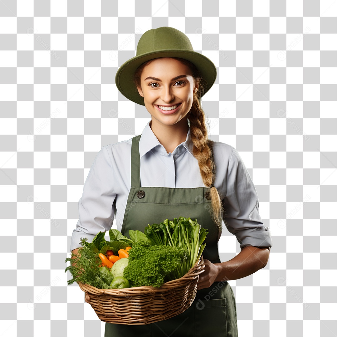 Mulher Segurando Cesta com Verduras Legumes e Frutas PNG Transparente