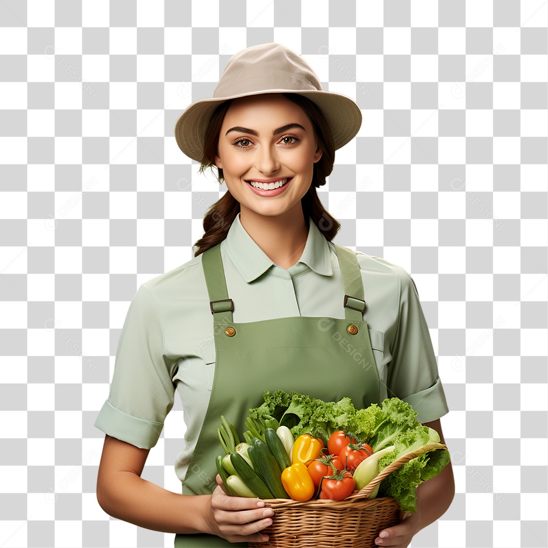 Mulher Segurando Cesta com Verduras Legumes e Frutas PNG Transparente