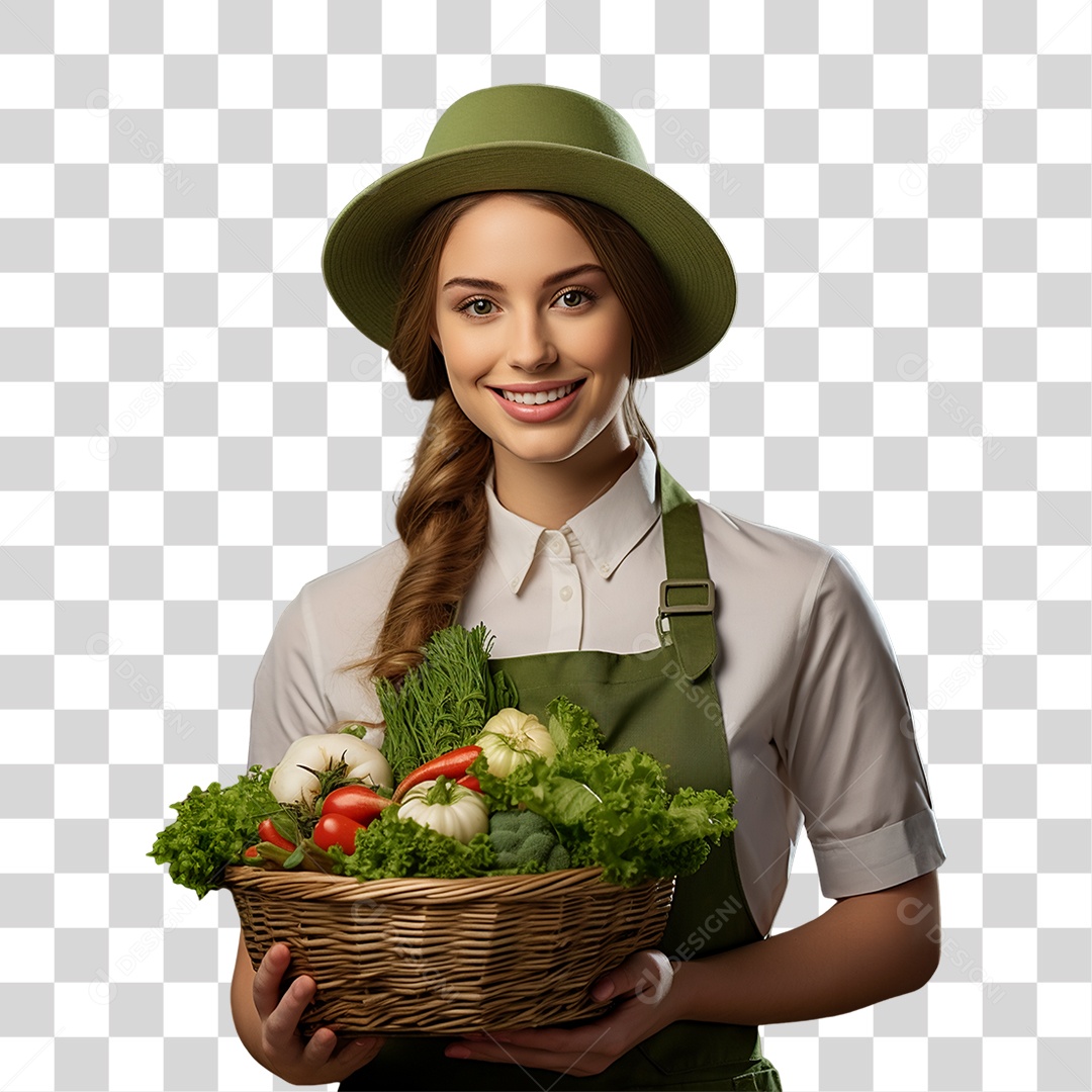 Mulher Segurando Cesta com Verduras Legumes e Frutas PNG Transparente
