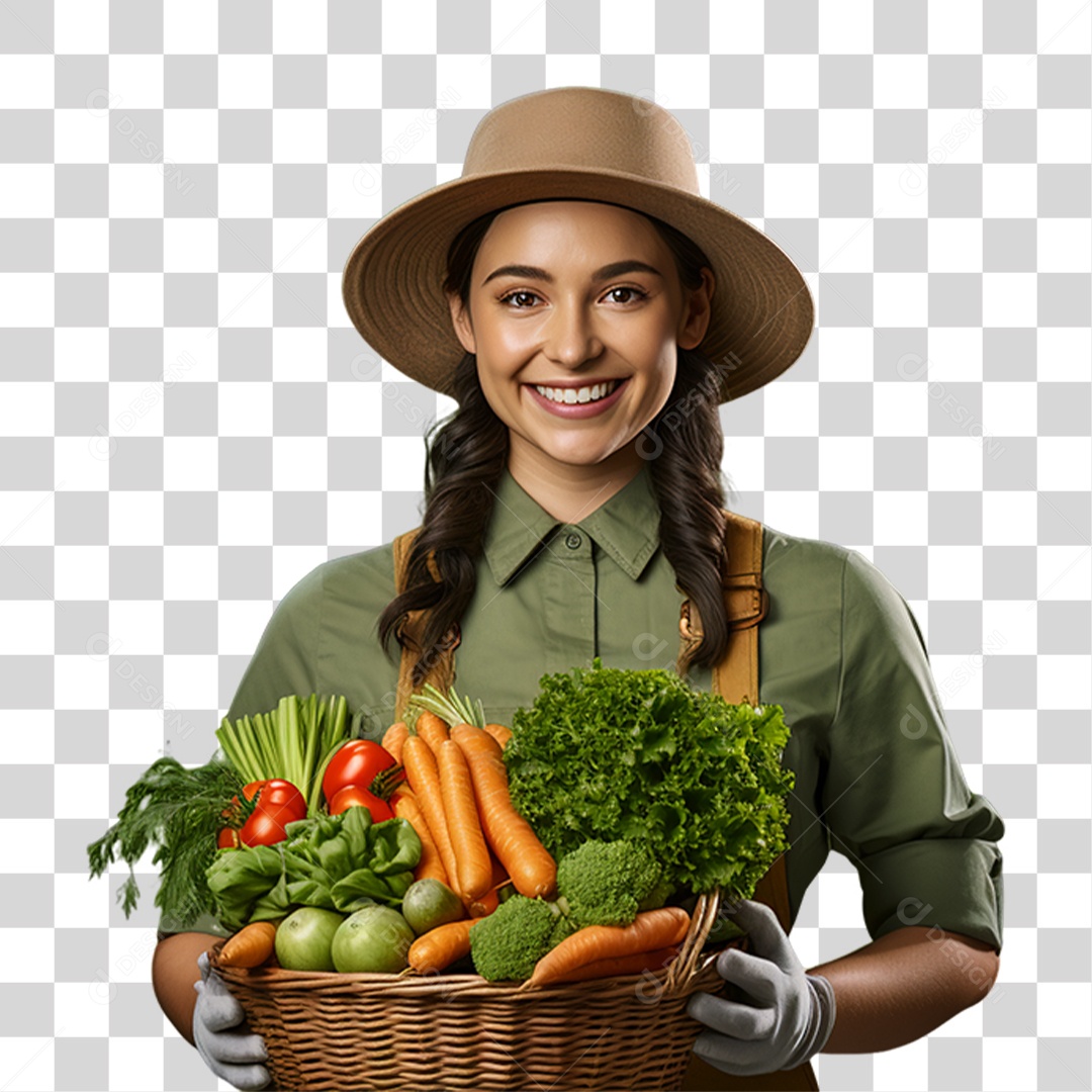 Mulher Segurando Cesta com Verduras Legumes e Frutas PNG Transparente