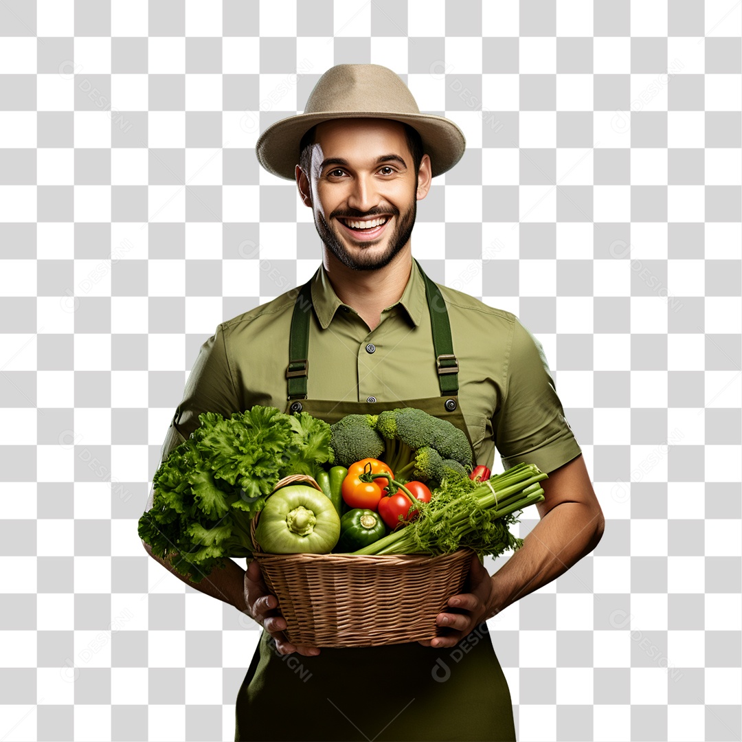 Homem Segurando Cesta com Verduras Legumes e Frutas PNG Transparente