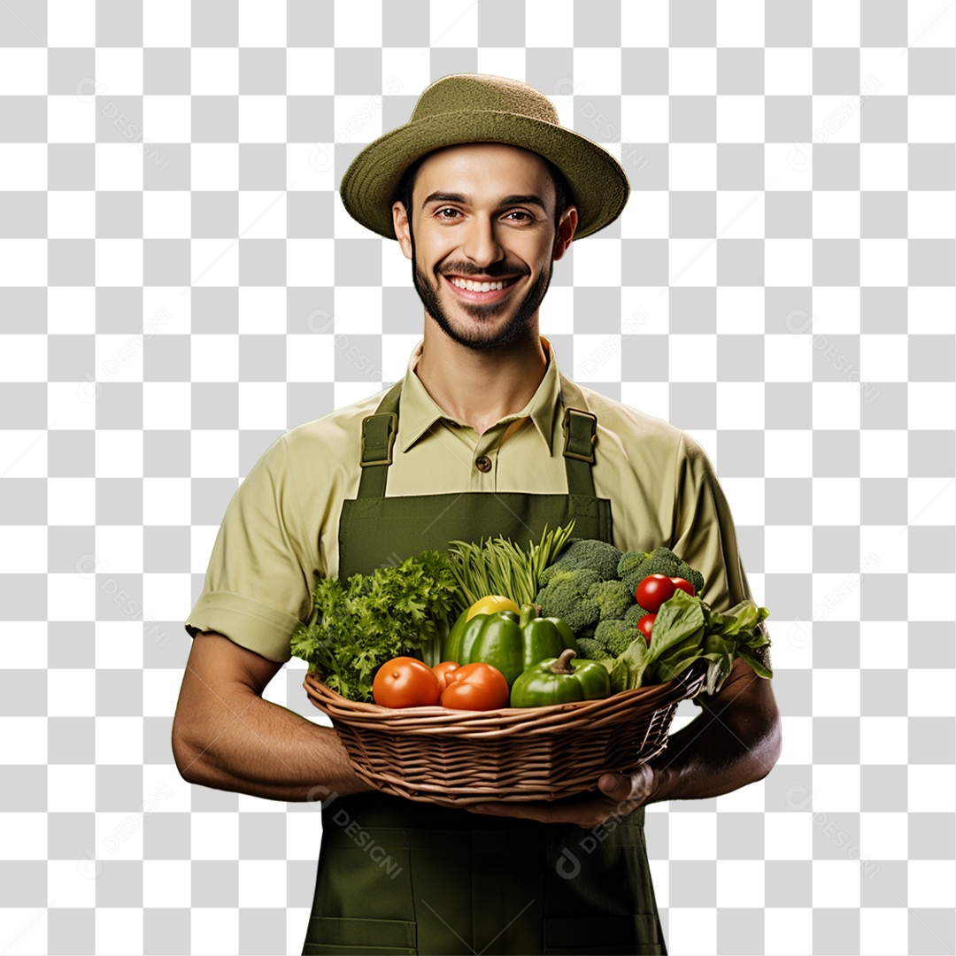 Homem Segurando Cesta com Verduras Legumes e Frutas PNG Transparente