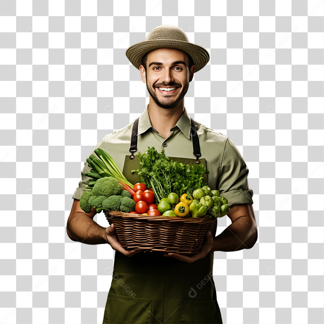Homem Segurando Cesta com Verduras Legumes e Frutas PNG Transparente
