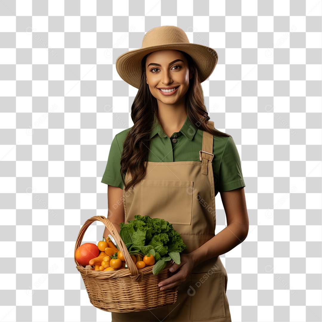 Mulher Segurando Cesta com Verduras Legumes e Frutas PNG Transparente