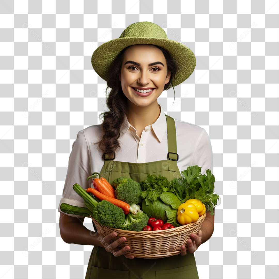 Mulher Segurando Cesta com Verduras Legumes e Frutas PNG Transparente