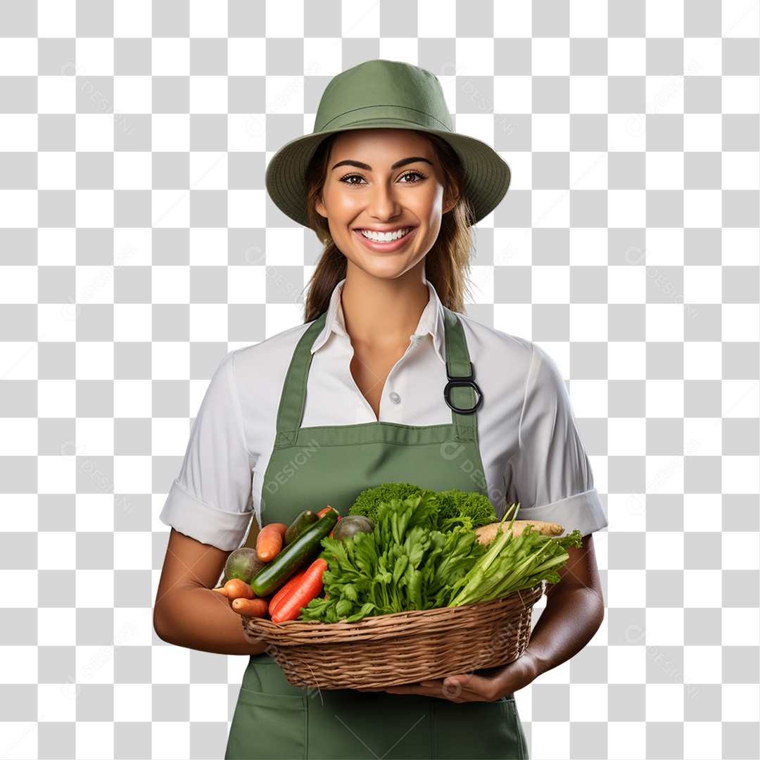 Mulher Segurando Cesta com Verduras Legumes e Frutas PNG Transparente