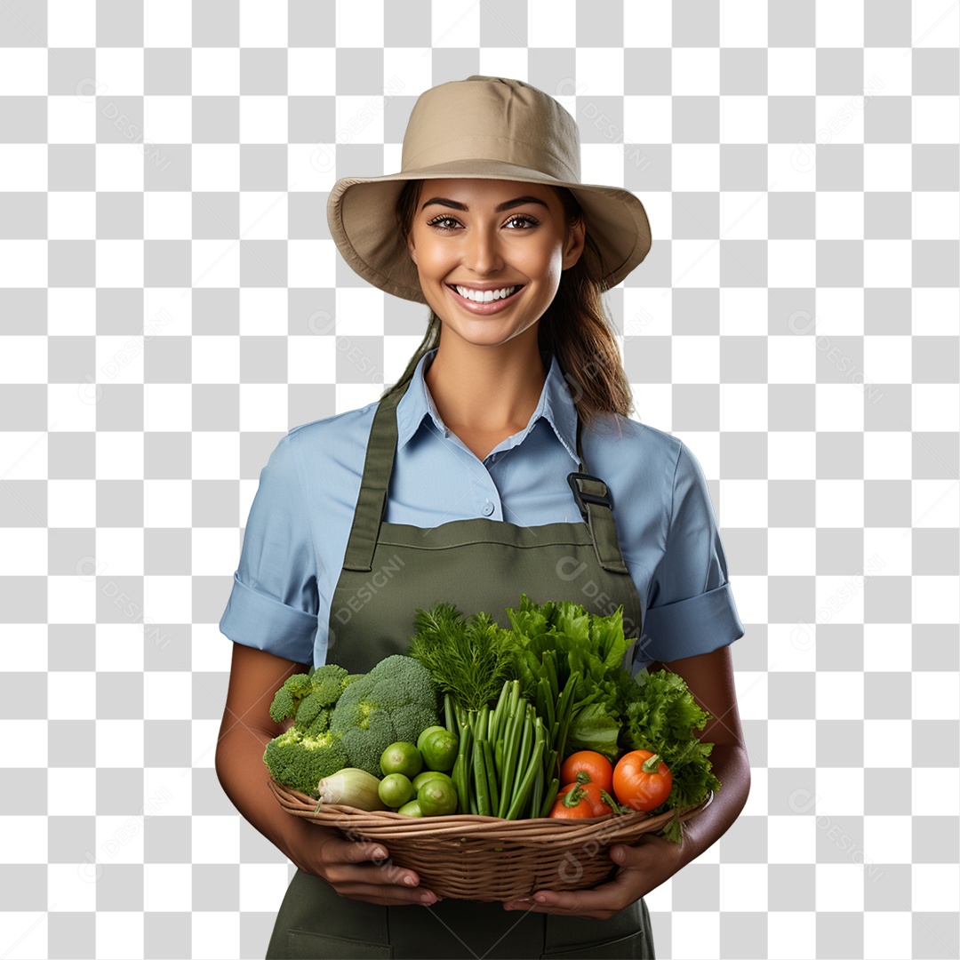 Mulher Segurando Cesta com Verduras Legumes e Frutas PNG Transparente