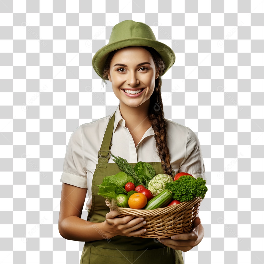 Mulher Segurando Cesta com Verduras Legumes e Frutas PNG Transparente