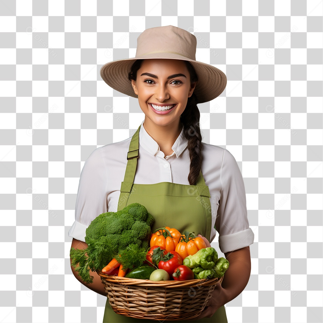 Mulher Segurando Cesta com Verduras Legumes e Frutas PNG Transparente