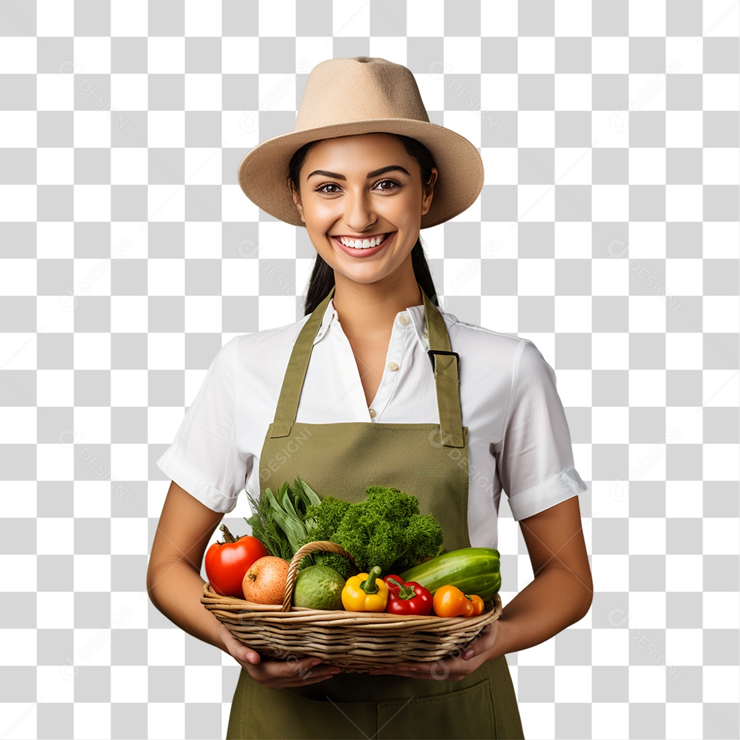 Mulher Segurando Cesta com Verduras Legumes e Frutas PNG Transparente