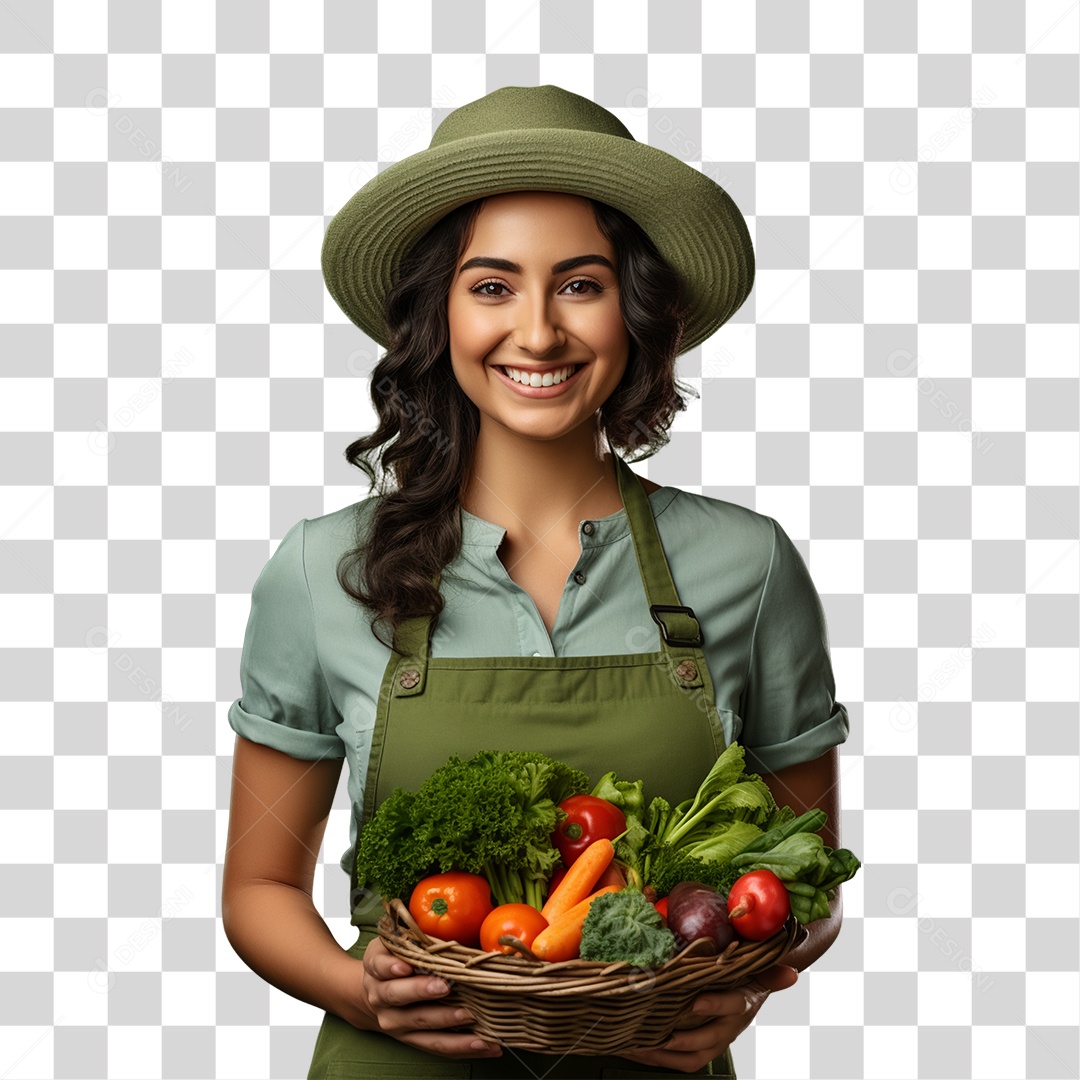 Mulher Segurando Cesta com Verduras Legumes e Frutas PNG Transparente