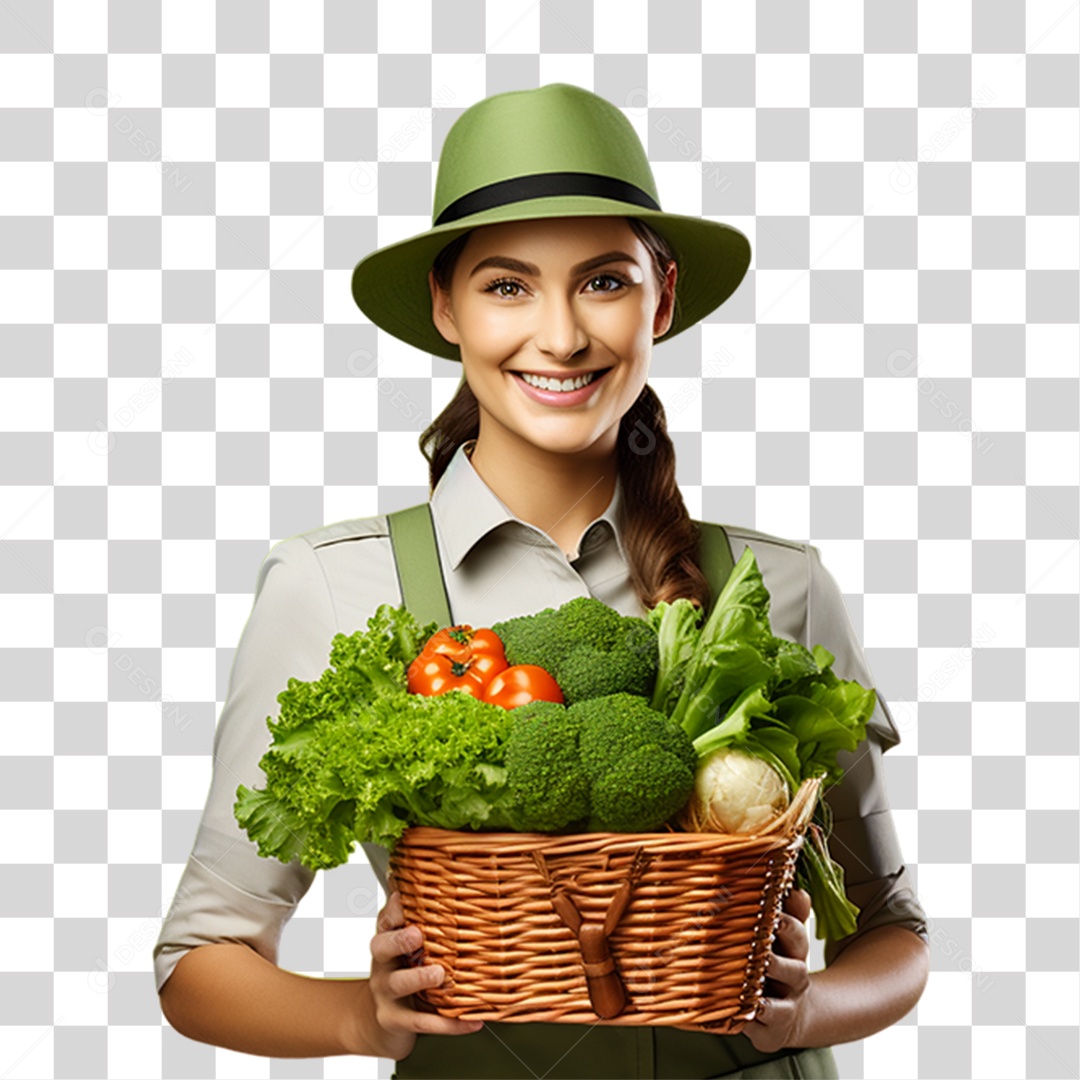 Mulher Segurando Cesta com Verduras Legumes e Frutas PNG Transparente