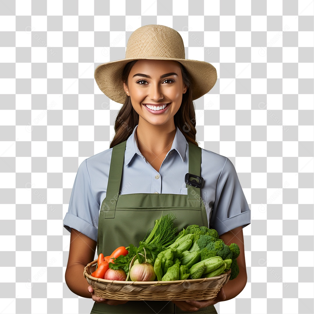 Mulher Segurando Cesta com Verduras Legumes e Frutas PNG Transparente