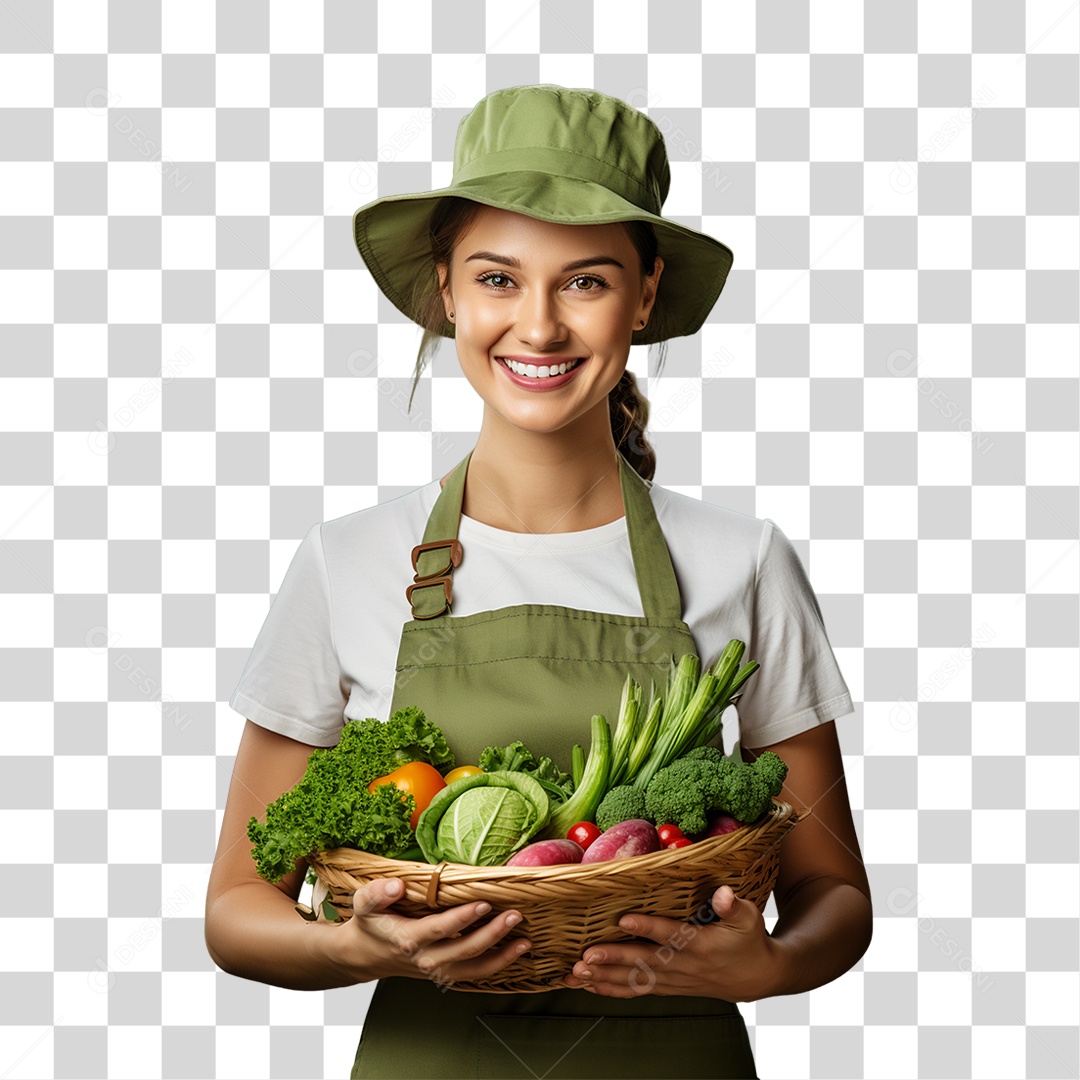 Mulher Segurando Cesta com Verduras Legumes e Frutas PNG Transparente