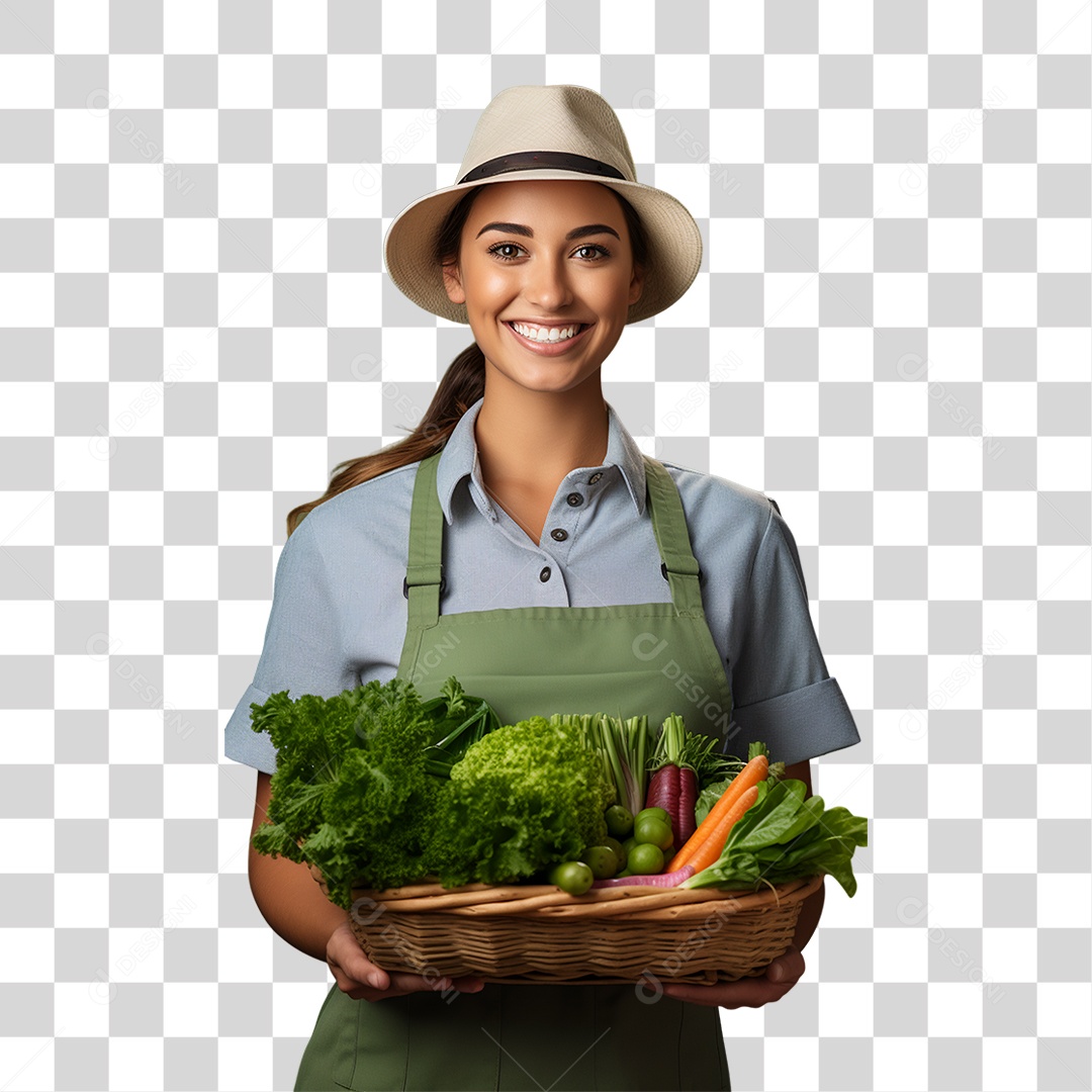 Mulher Segurando Cesta com Verduras Legumes e Frutas PNG Transparente