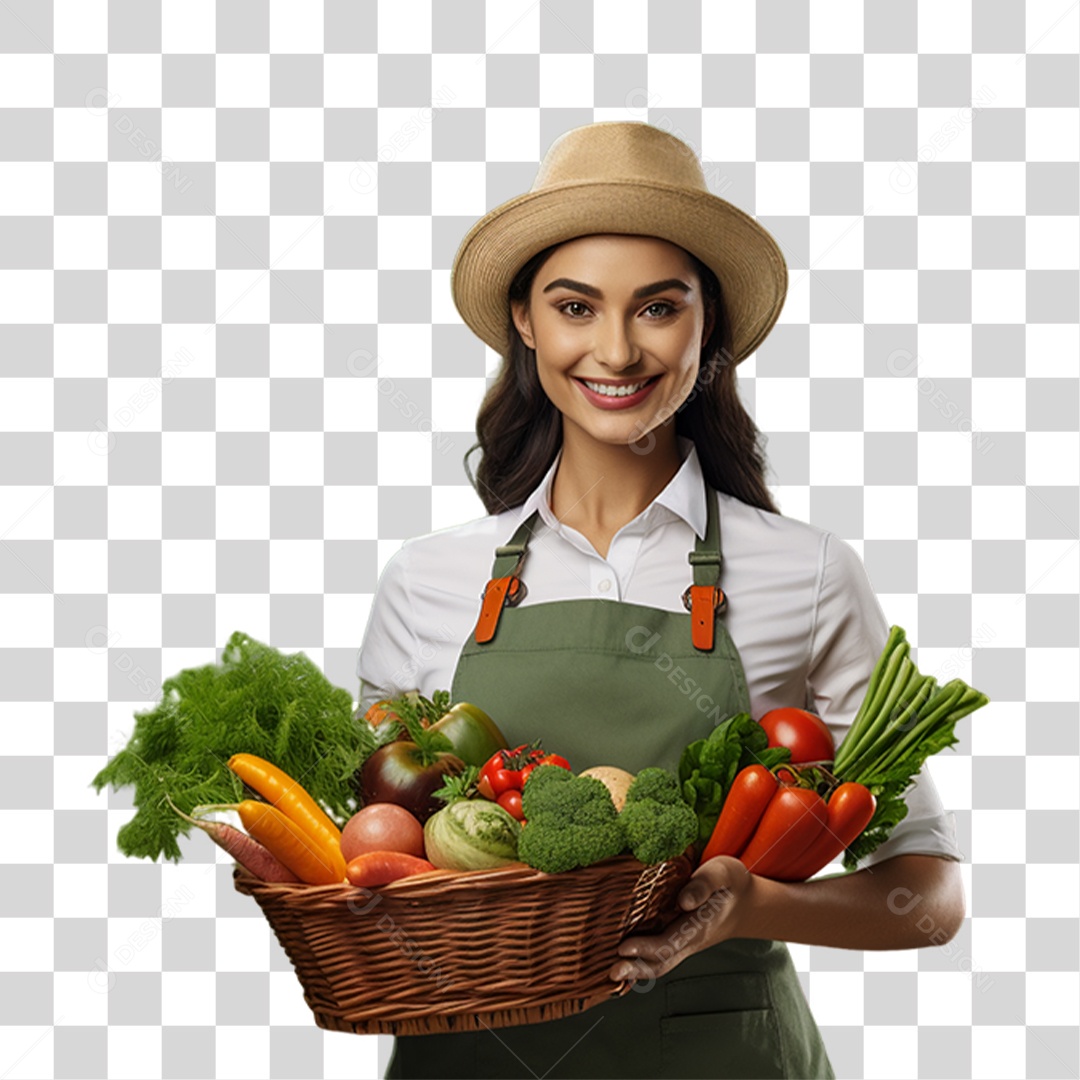 Mulher Segurando Cesta com Verduras Legumes e Frutas PNG Transparente