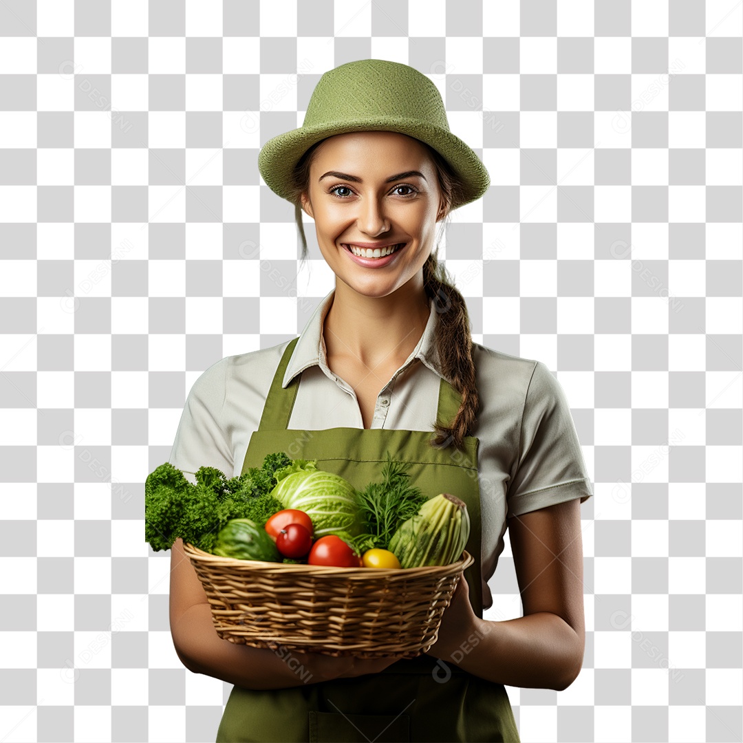 Mulher Segurando Cesta com Verduras Legumes e Frutas PNG Transparente