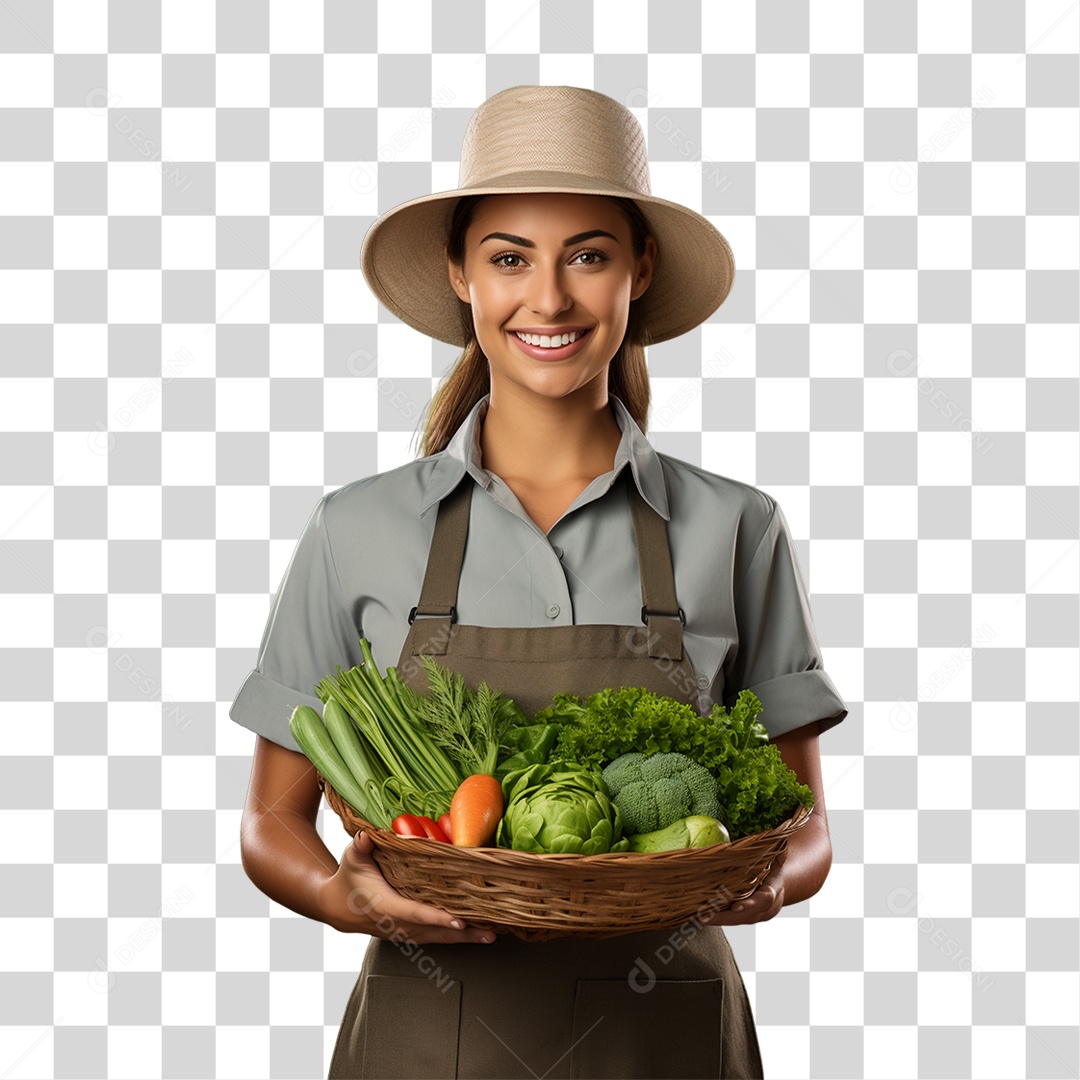 Mulher Segurando Cesta com Verduras Legumes e Frutas PNG Transparente