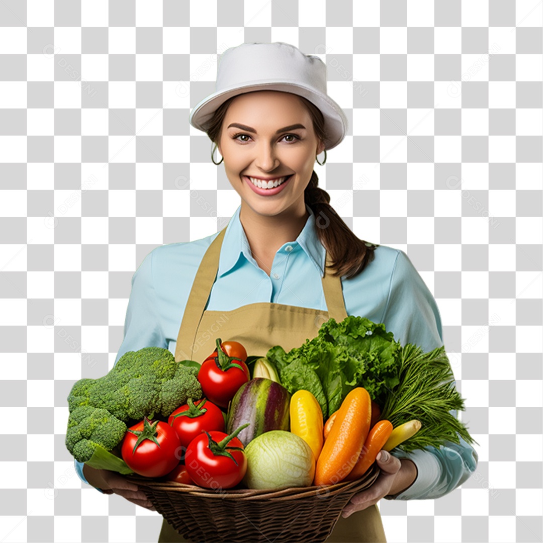 Mulher Segurando Cesta com Verduras Legumes e Frutas PNG Transparente