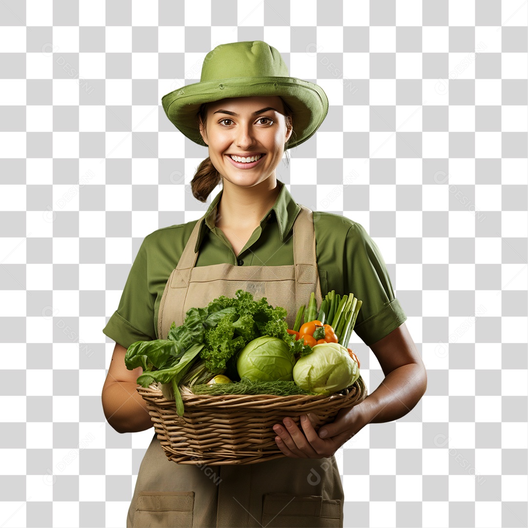 Mulher Segurando Cesta com Verduras Legumes e Frutas PNG Transparente
