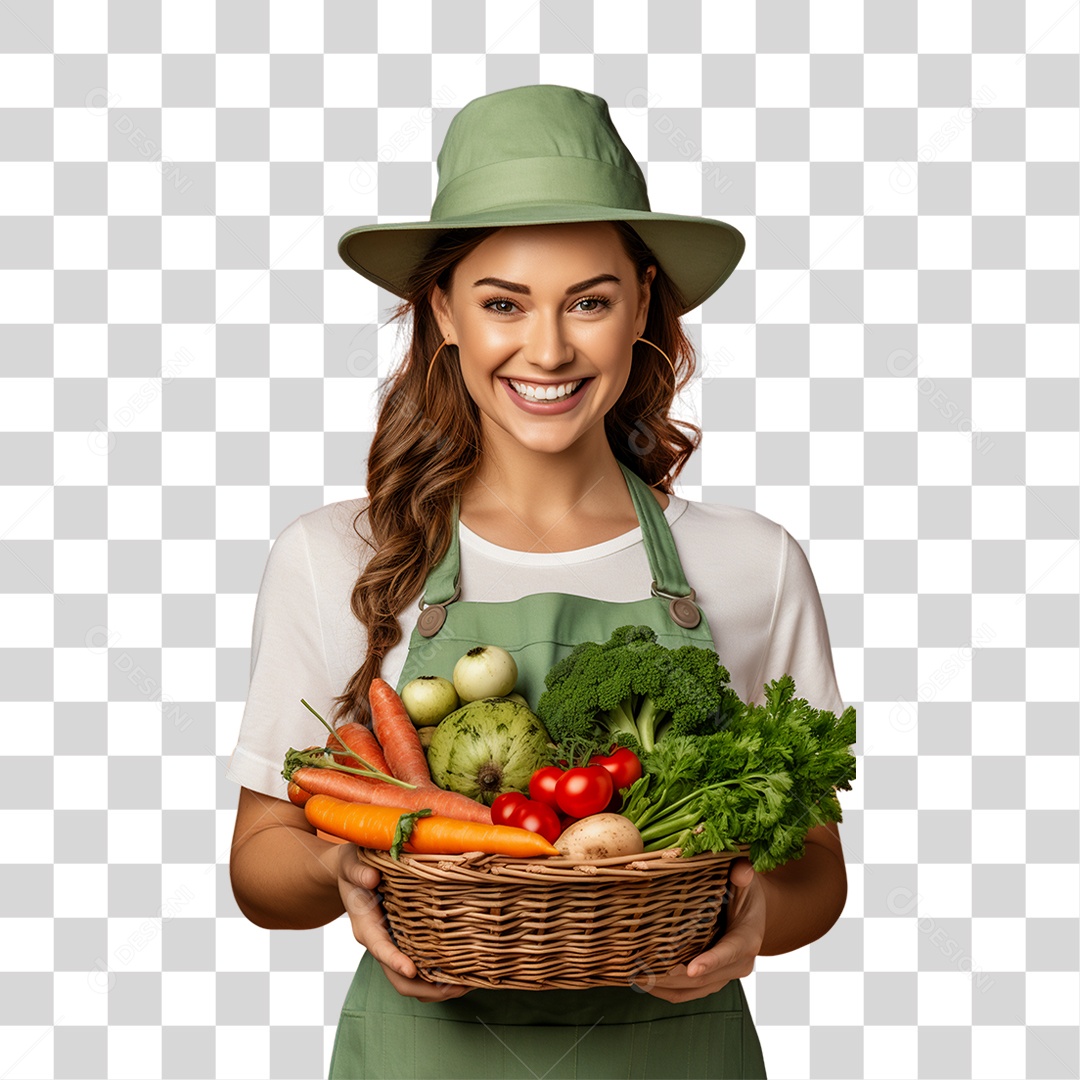 Mulher Segurando Cesta com Verduras Legumes e Frutas PNG Transparente