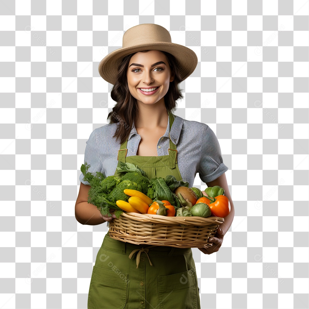 Mulher Segurando Cesta com Verduras Legumes e Frutas PNG Transparente