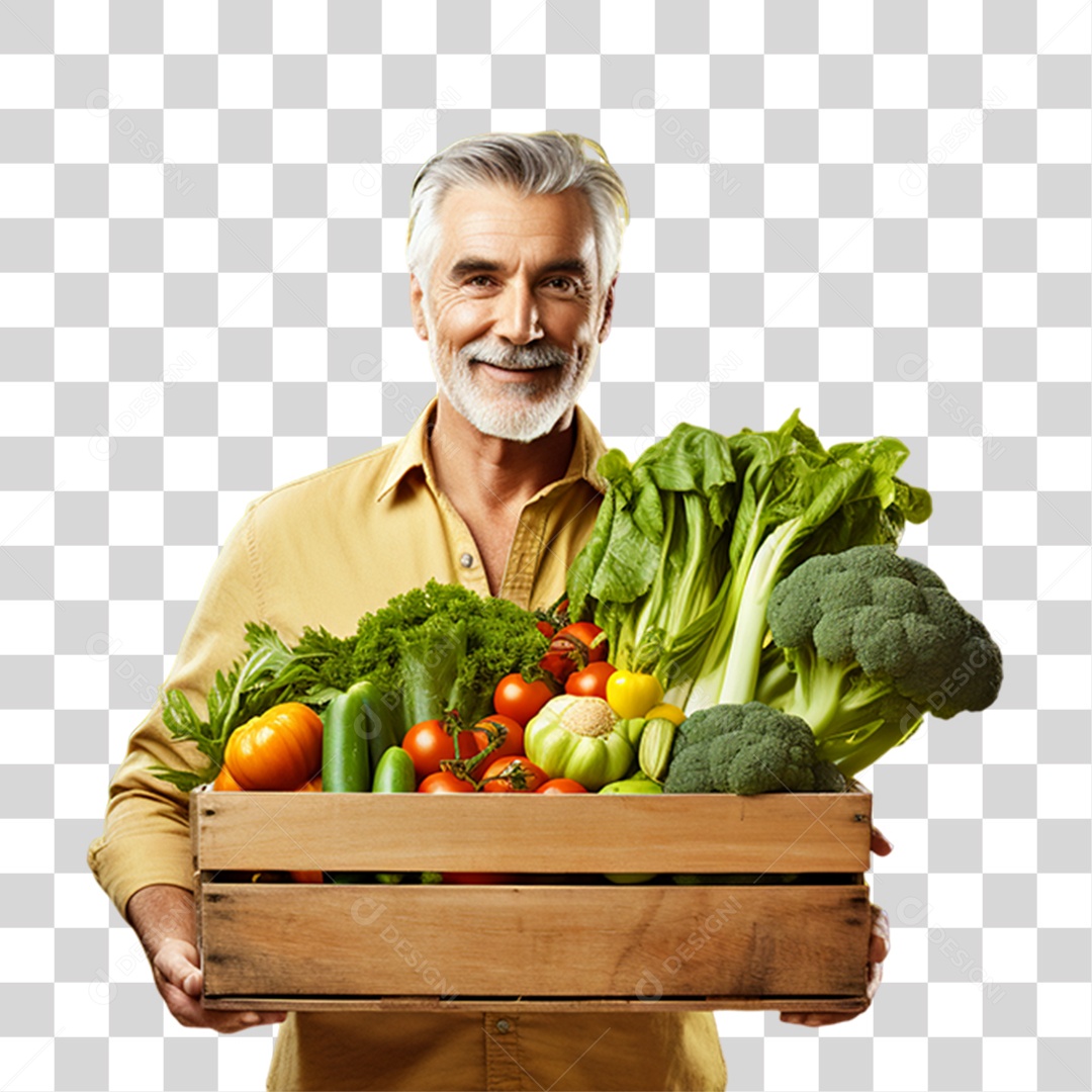 Homem Segurando Caixa com Verduras Legumes e Frutas PNG Transparente