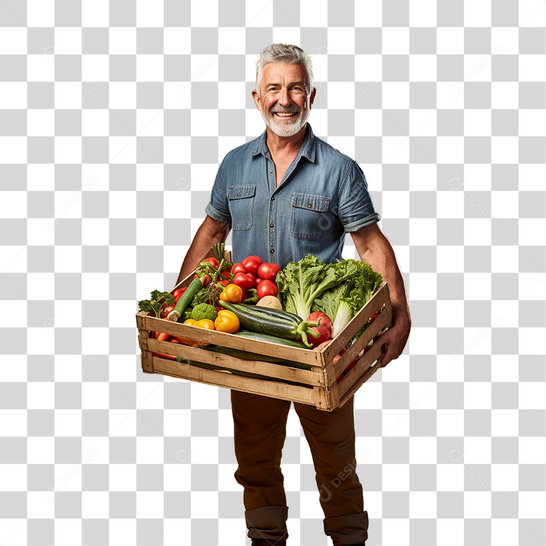 Homem Segurando Caixa com Verduras Legumes e Frutas PNG Transparente