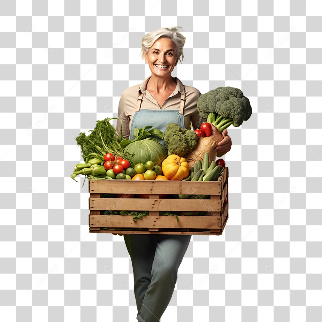 Mulher Segurando Caixa com Verduras Legumes e Frutas PNG Transparente