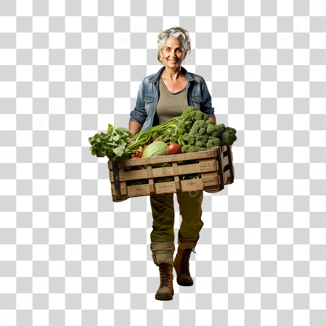 Mulher Segurando Caixa com Verduras Legumes e Frutas PNG Transparente