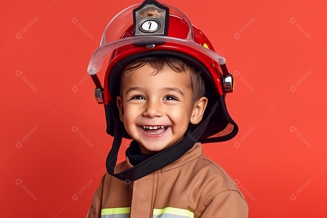 Menino sorridente com chapéu de bombeiro