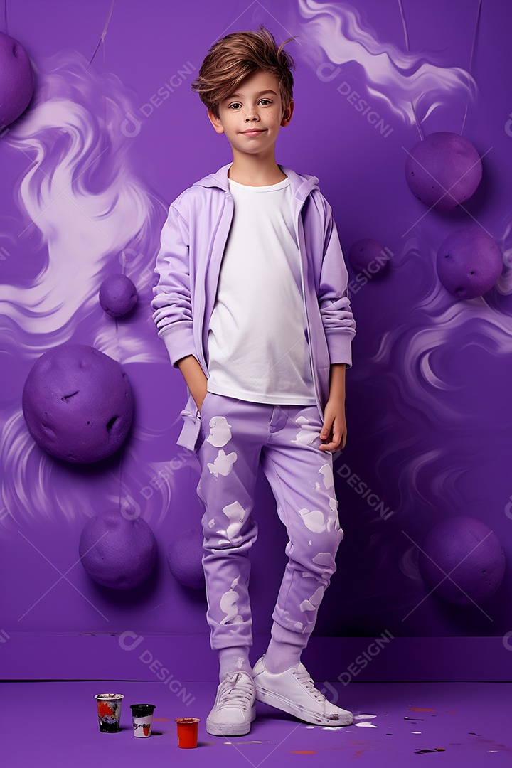Menino estiloso em fundo roxo