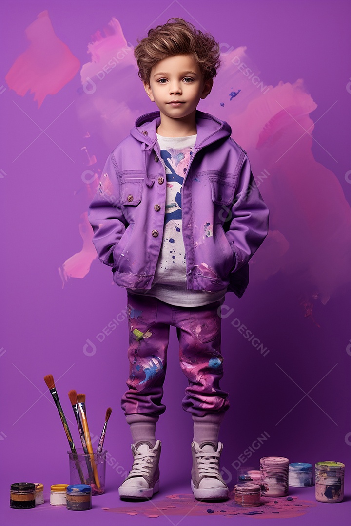 Menino estiloso em fundo roxo