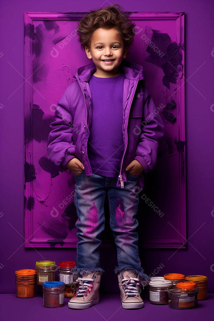 Menino estiloso em fundo roxo