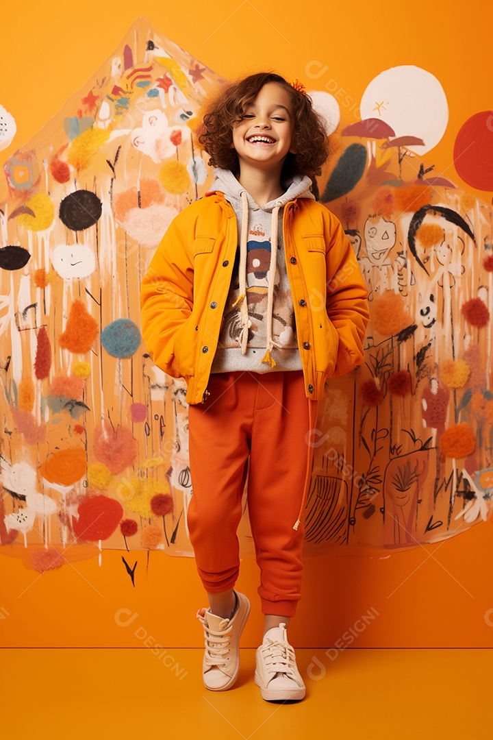 Menina estilosa em fundo laranja