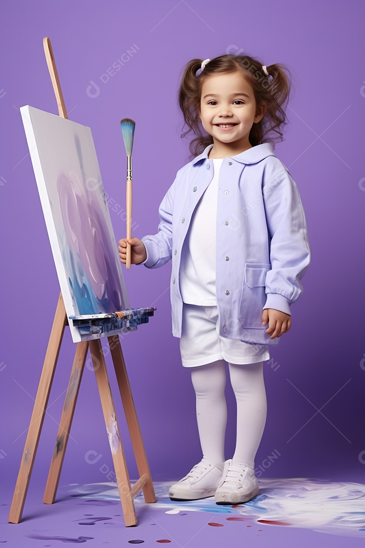 Menina estilosa pintando em fundo roxo