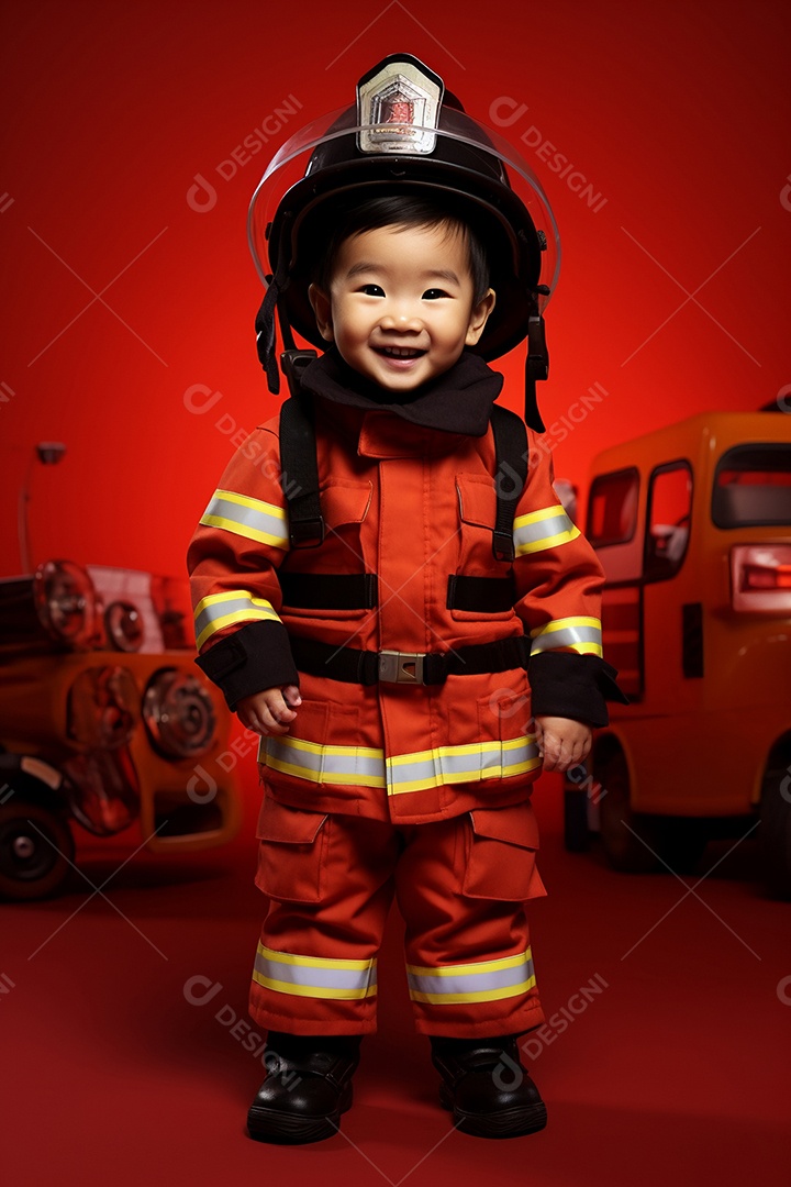 Menino pequeno com chapéu e roupas de bombeiro
