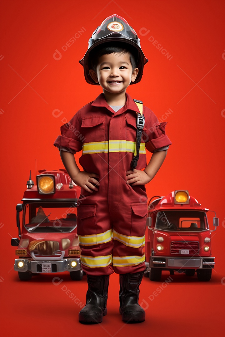 Menino pequeno com chapéu e roupas de bombeiro