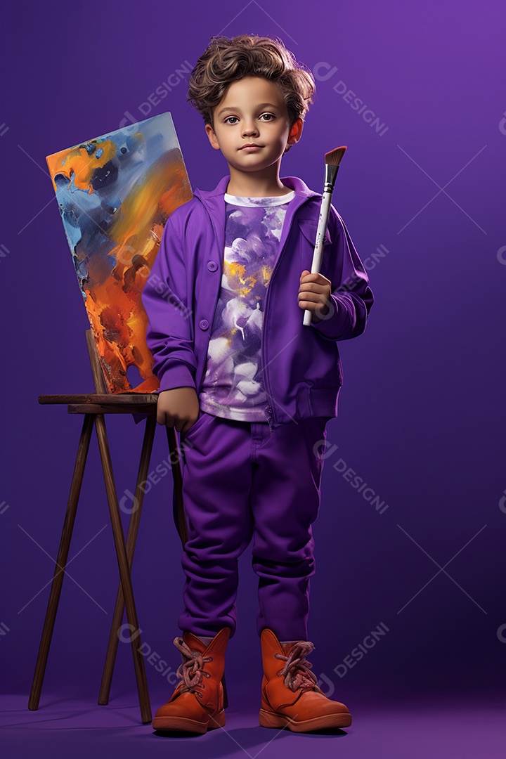 Menino com pincel de pintura em fundo roxo