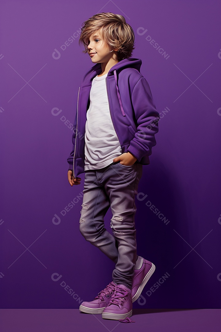 Menino estiloso e moderno em fundo roxo